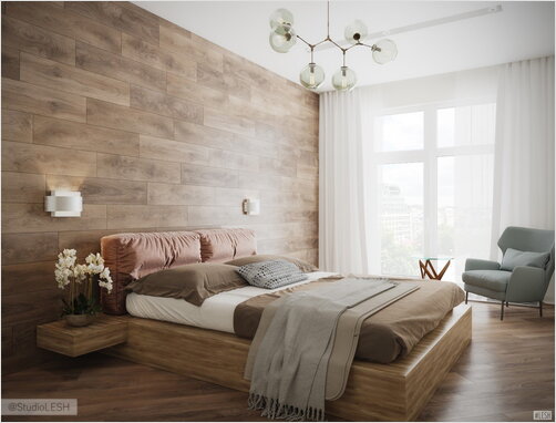 Спальня в стиле минимализм с деревянным изголовьем