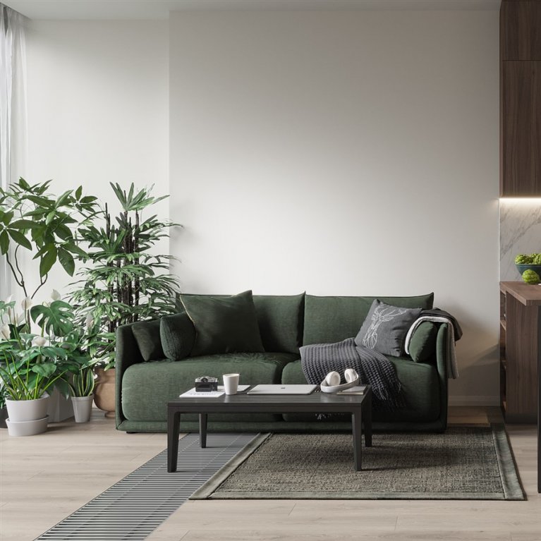 Зеленый диван и растения в кухне-гостиной