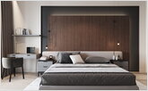 Деревянная панель в изголовье кровати из геометрических форм