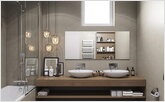 Bathroom with double sink and wooden table tab