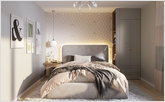 Light bedroom with big bed and wardrobe of combine type
