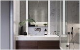  Bathtub in white porcelain stoneware with hanging pedestal and glass partition