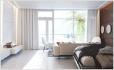 Bright living room in a minimalist style with a panoramic window.