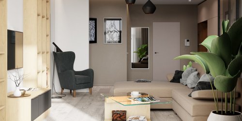 Гостиная, диван, деревянные полки, ТВ - LESH Дизайн интерьеров