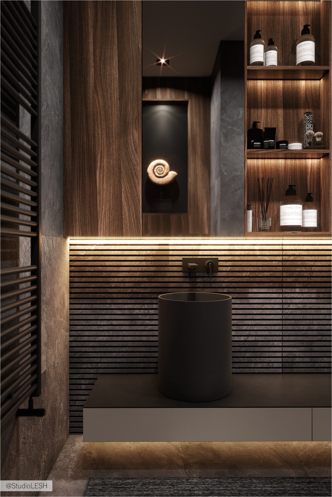 Bathroom in dark tones with a round sink on a hanging cabinet