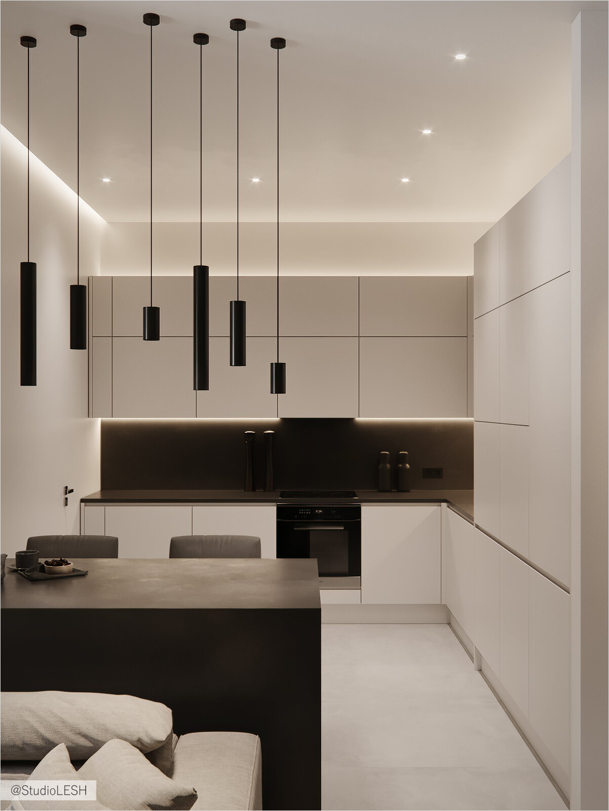 Bright kitchen with a black apron
