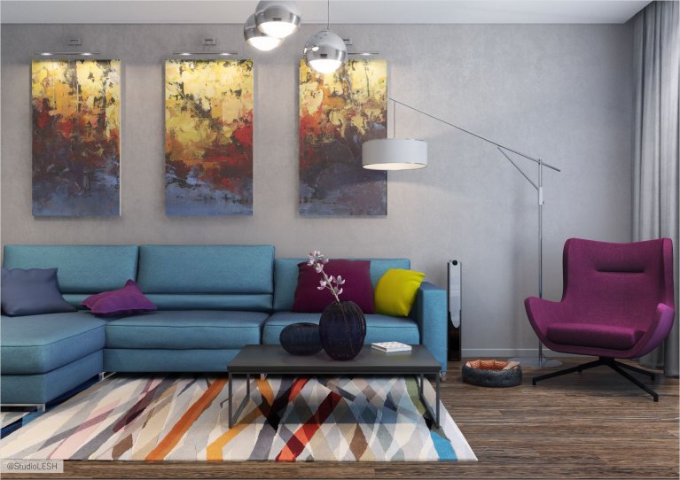 Дизайн интерьера гостиной комнате в синих тоннах 