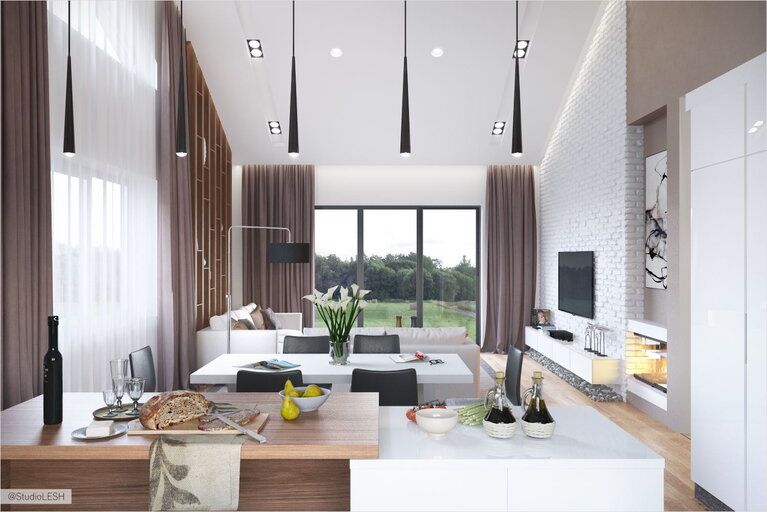 Красивое оформление гостиной в загородном доме