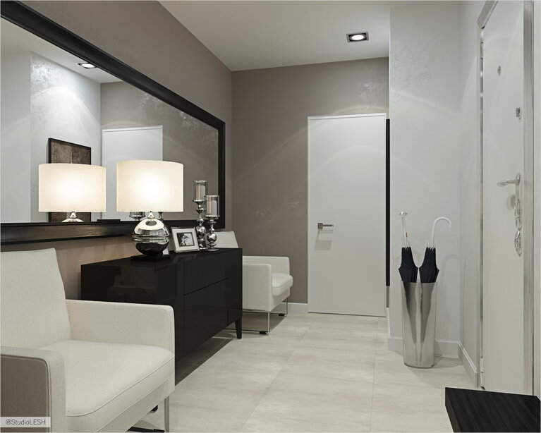 Два диванчика в прихожей, входная дверь 