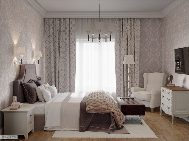 Светлая спальня в классическом интерьере