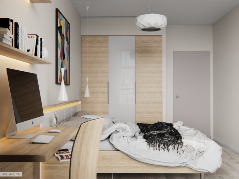 Много дерева в интерьере спальни