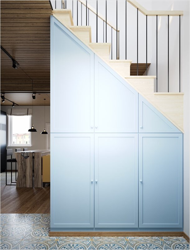 Дизайн прихожей, кладовка под лестницей, хранение
