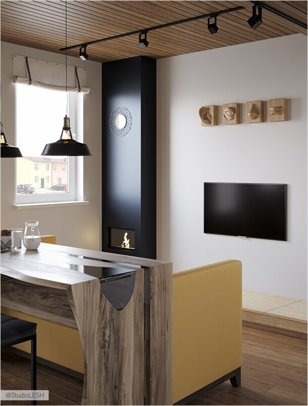 Гостиная таунхауса, газовый камин, барнаяя стойка из слэба