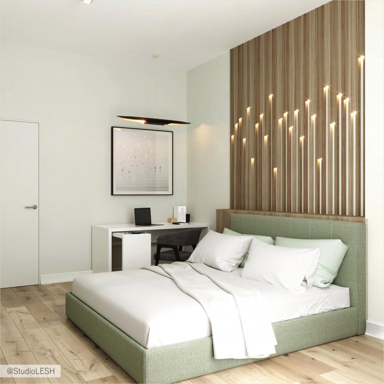 Спальня с деревянными панелями с подсветкой