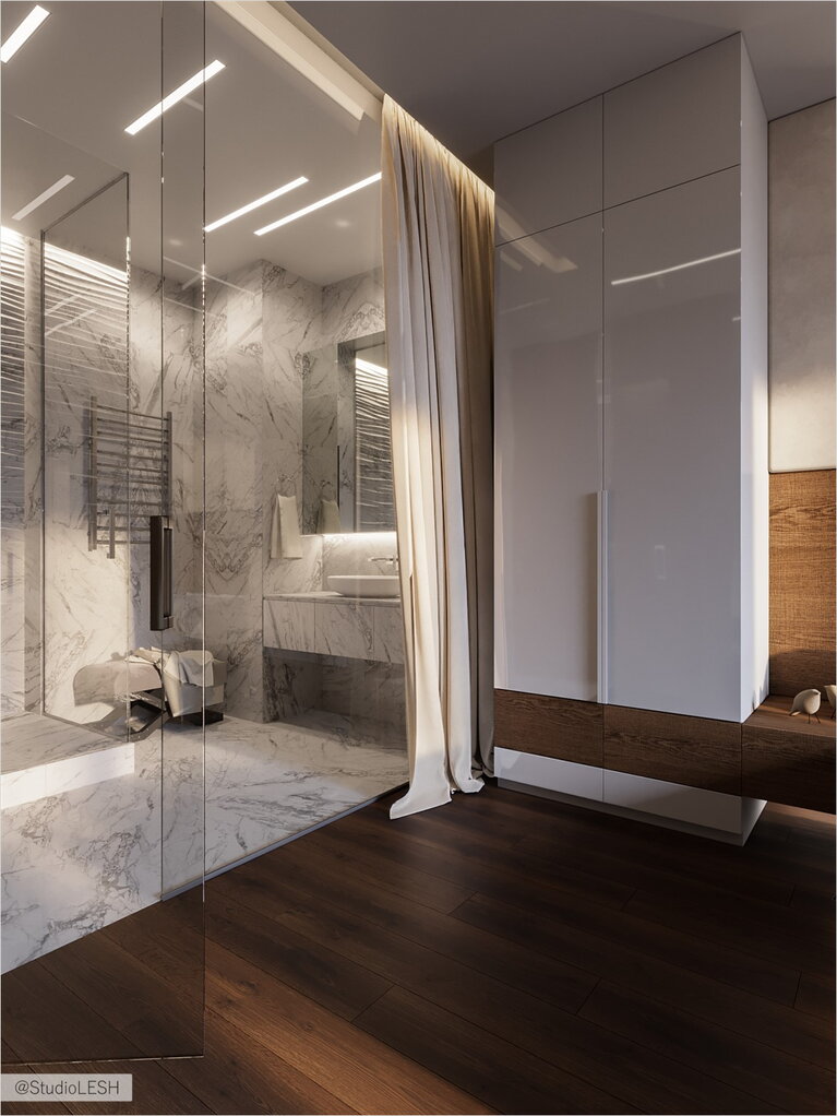 Transparent shower room in the bedroom