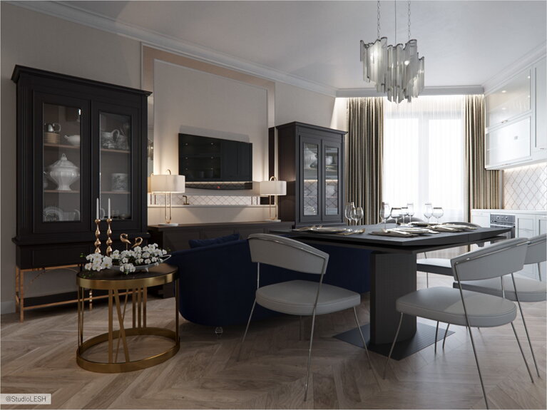 Luxury living room with glass cupboards