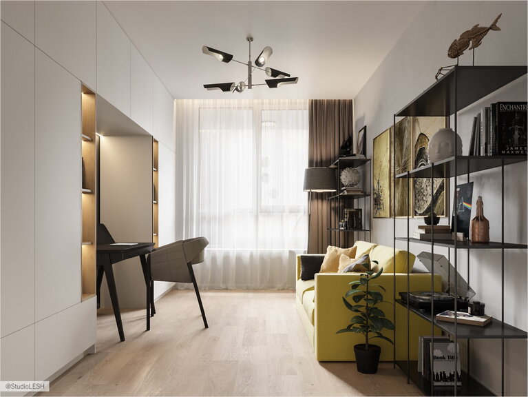 Working place in the niche with the shelves 