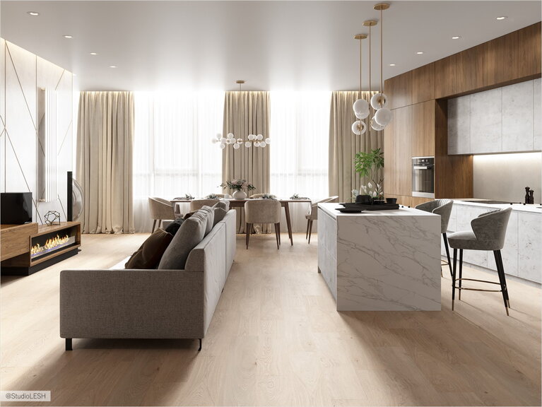 Spacious kitchen and living room in light tints