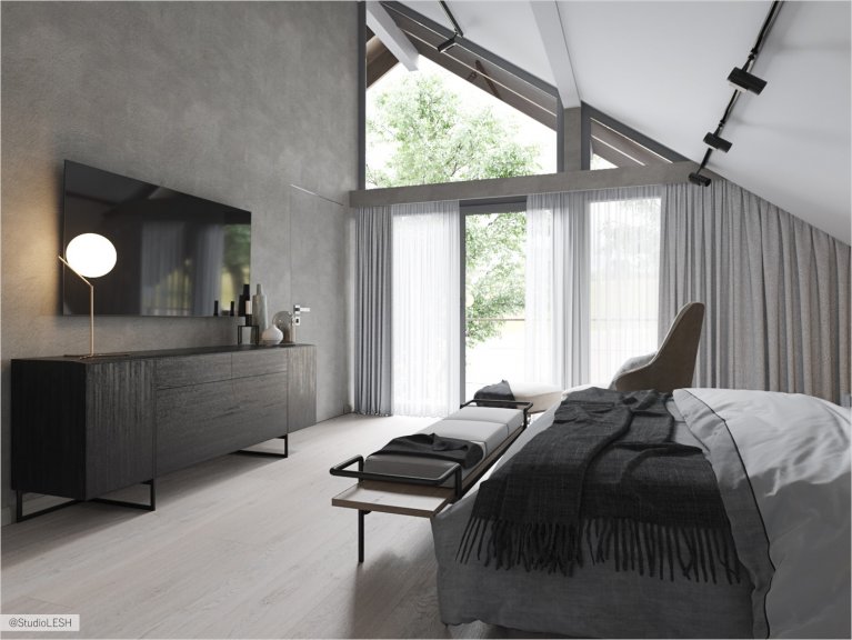 Спальня на мансардном этаже с панорамными окнами