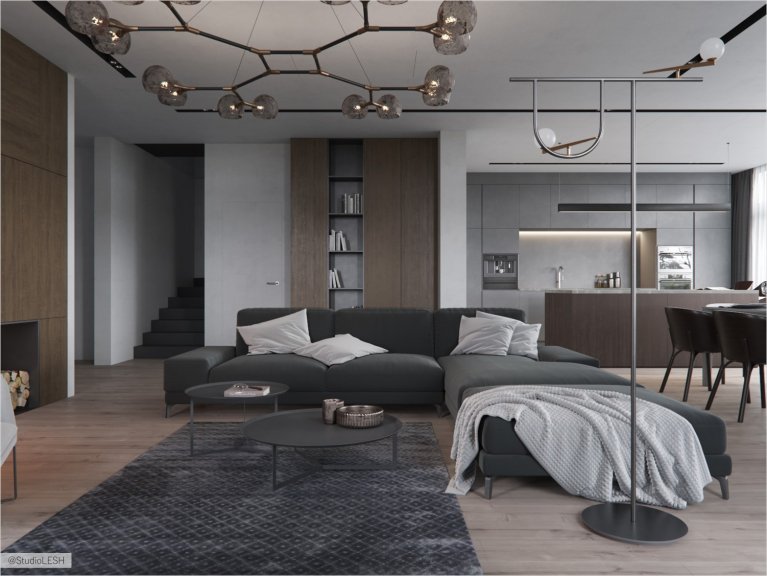 Просторная кухня-гостиная в минималистичном стиле