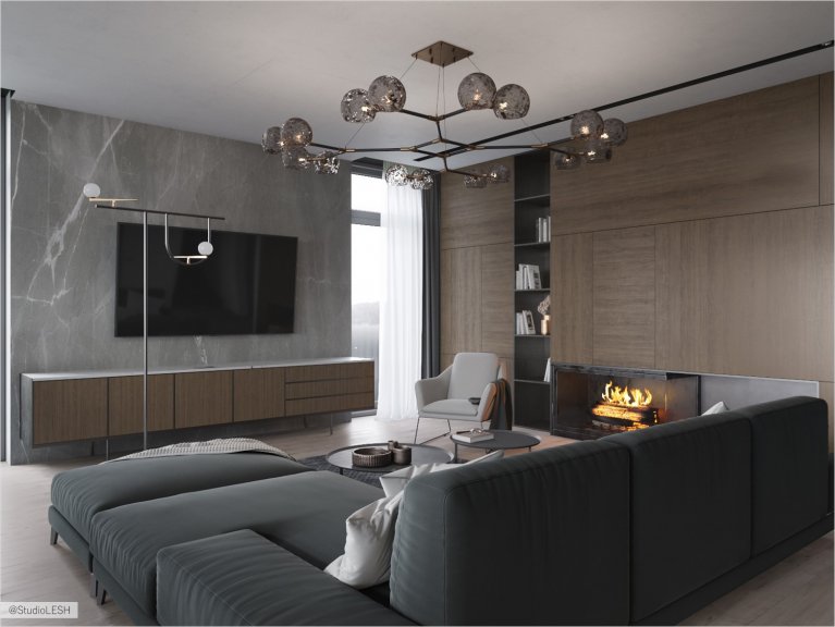 Гостиная в доме с системой хранения в виде шкафов