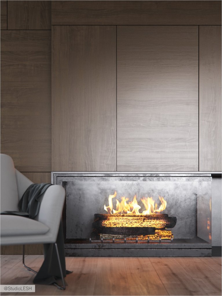 Настоящий камин в гостиной с прозрачным стеклом на фасаде