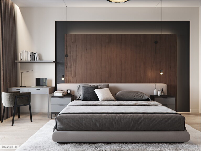 Wooden panel in the headboard with the geometrical forms