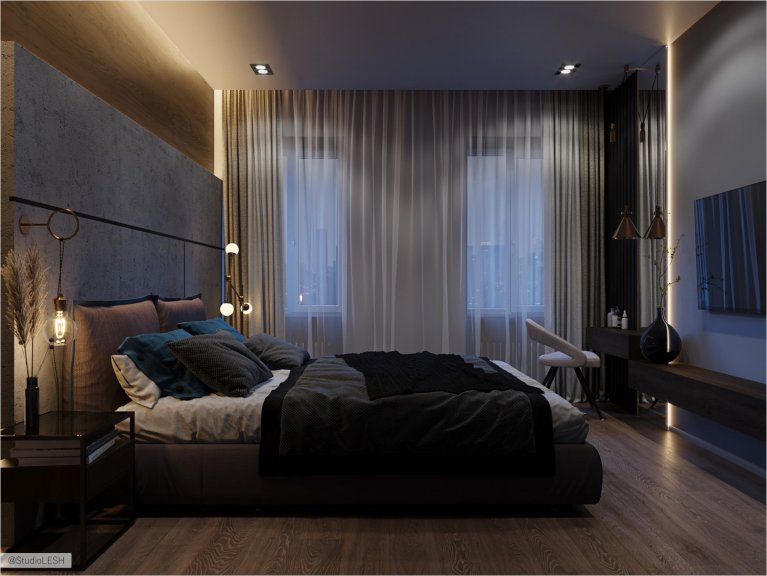 Стиль лофт в большой спальне
