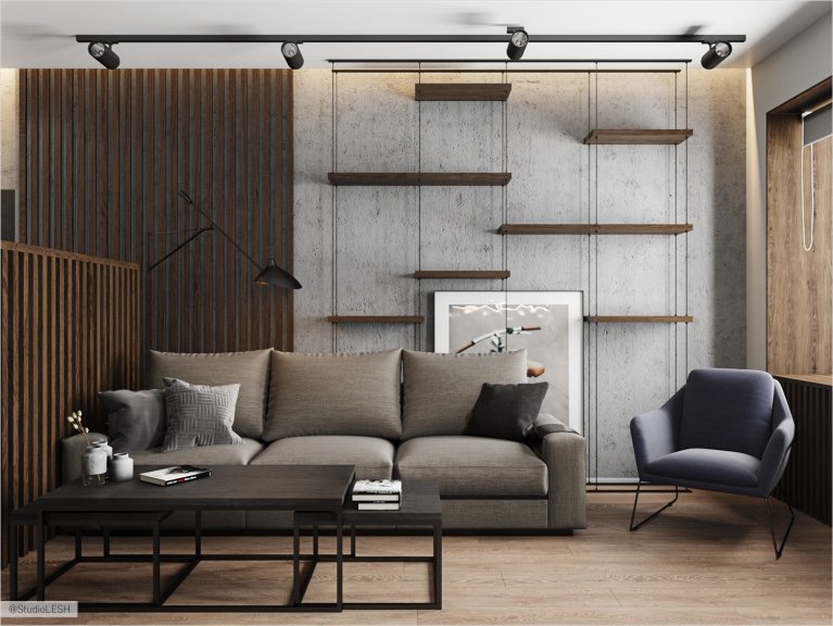 Разноуровневые подвесные полочки в гостиной