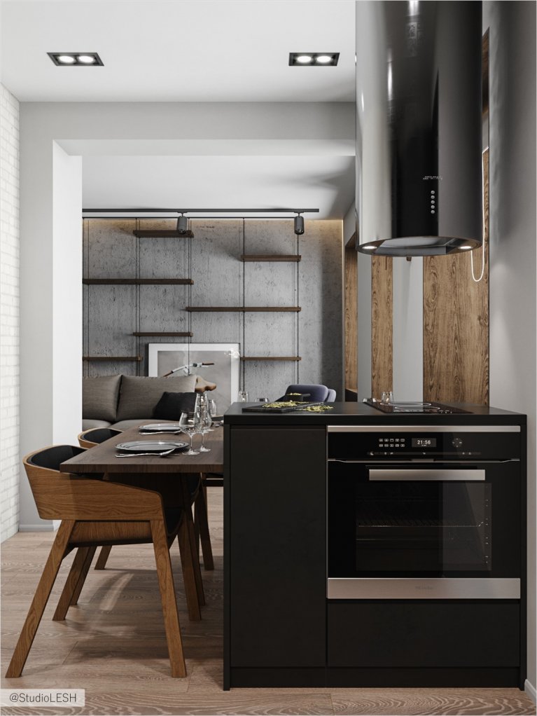 Дизайнерская вытяжка над островом на кухне