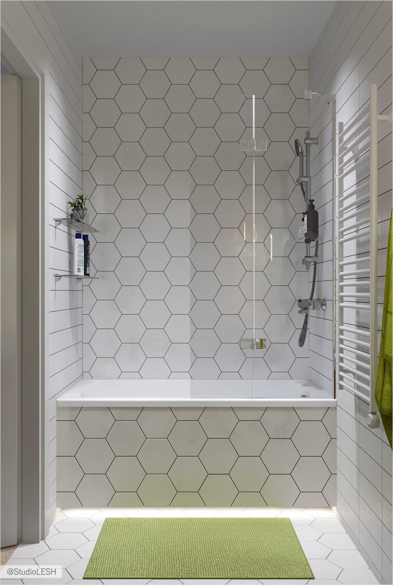 The geometry in tile in bathroom with glass curtain