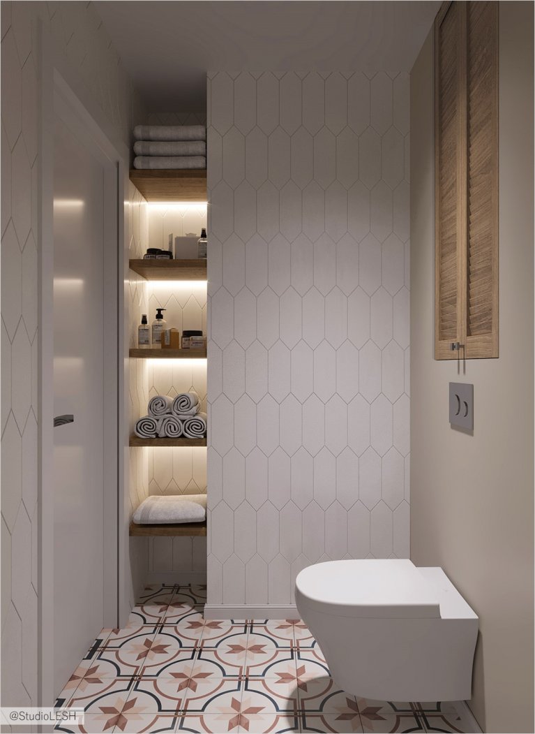 The toilet with shelves in the wall for increasing of the space