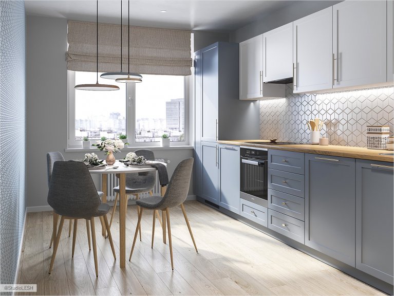 The kitchen in scandinavian style with rome curtains