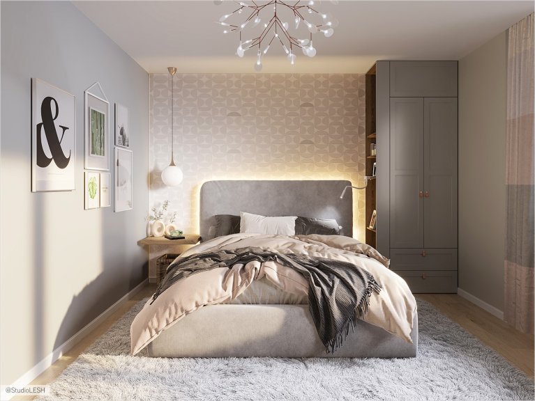 Light bedroom with big bed and wardrobe of combine type