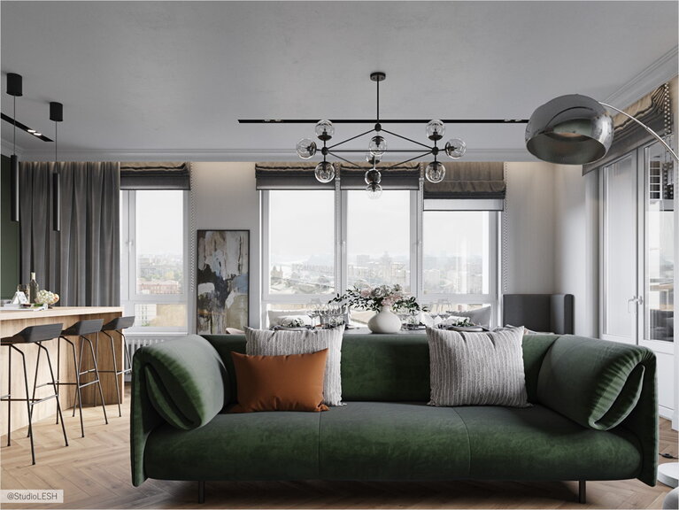  Large green sofa in the spacious kitchen-living room