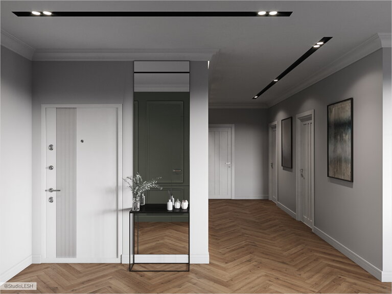 Spacious hall with warm wood parquet