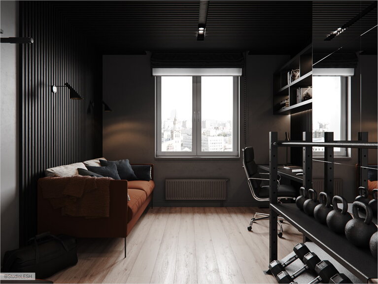  Terracotta sofa as an emphasis for concentration in the work area