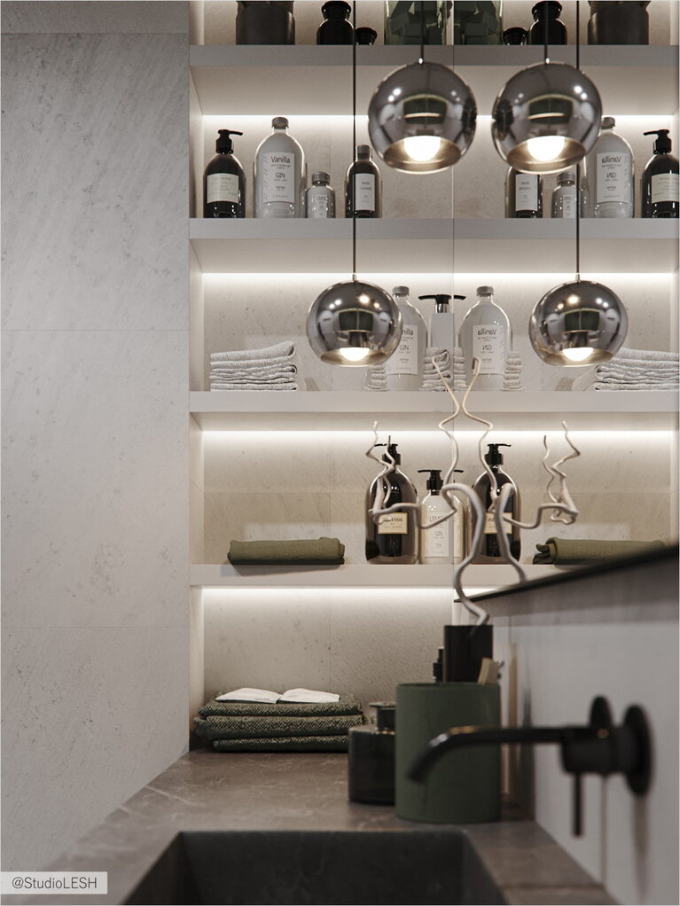 Built-in shelf for bathroom accessories in the bathroom