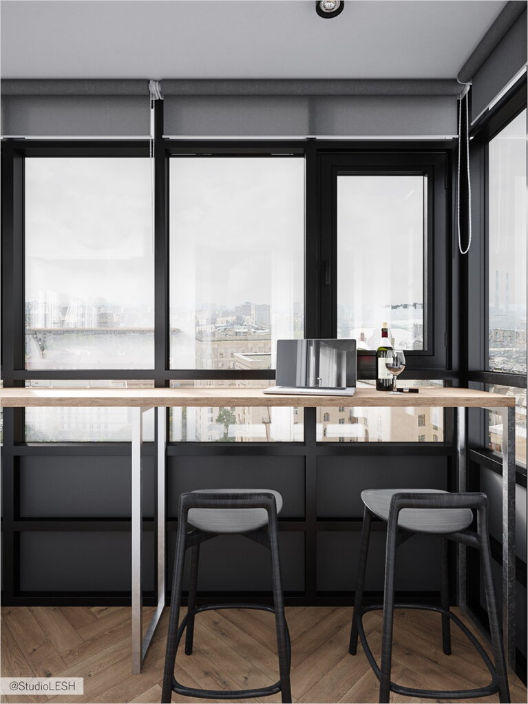  Bar counter in the loggia in light wood and contrasting chairs