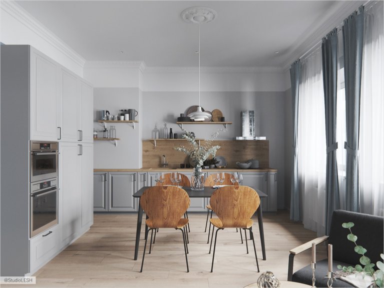 Kitchen with living room with light table construction and wooden chairs