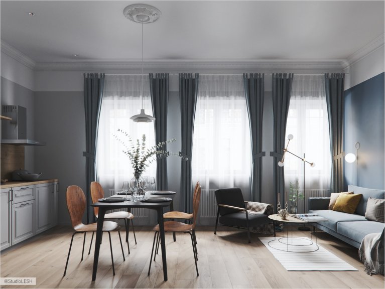 Kitchen and living room in the apartment of old fond of the St. Petersburg