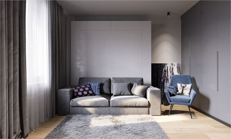  Living room in gray tones with a large closed storage system in the ceiling