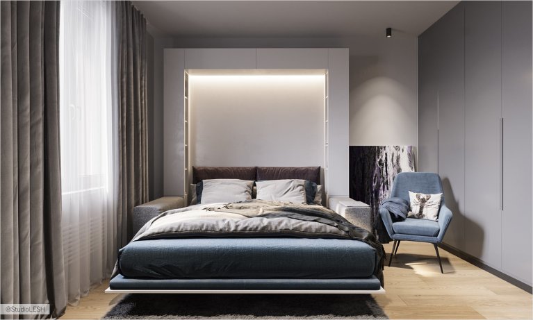  Bedroom transformer with a folding bed and backlit lighting in a niche
