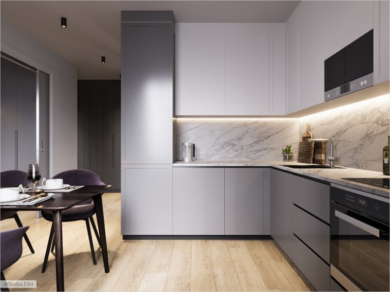  Gray shades of the kitchen unit with an emphasis on purple chairs