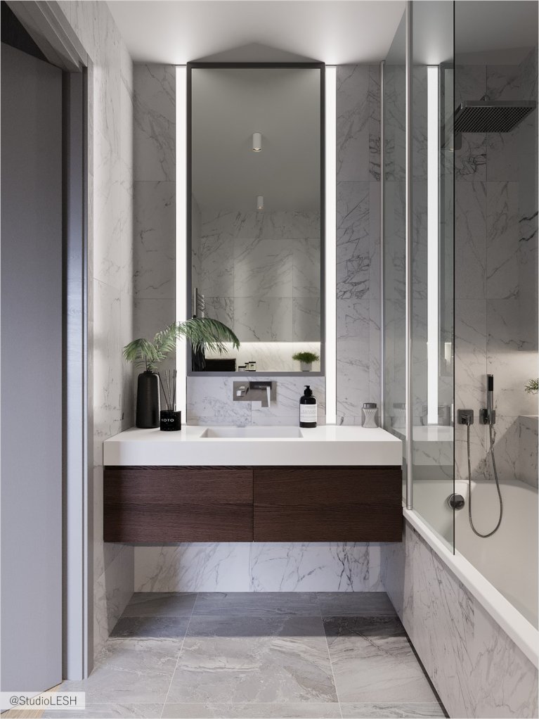  Bathtub in white porcelain stoneware with hanging pedestal and glass partition
