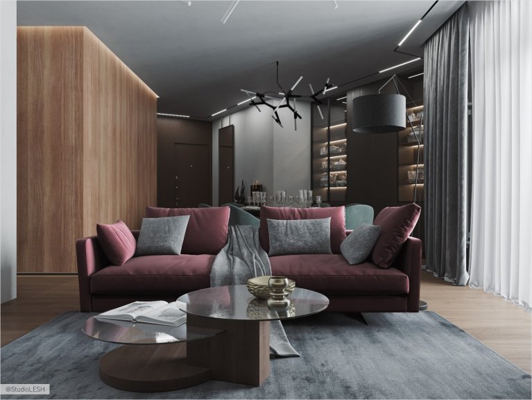 Spacious living room with bright sofa and cube in light finish