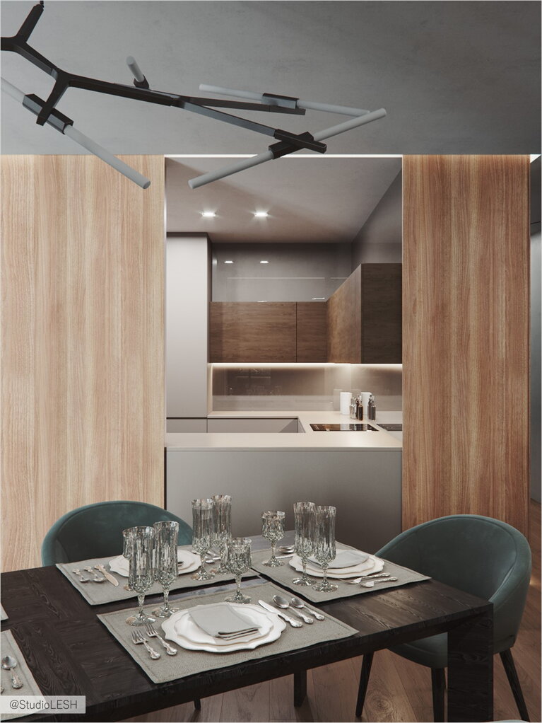 Sliding part of the cube-kitchen for convenience in the dining area