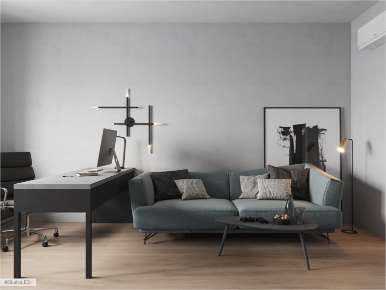 Cabinet with a cozy sofa and designer lamp