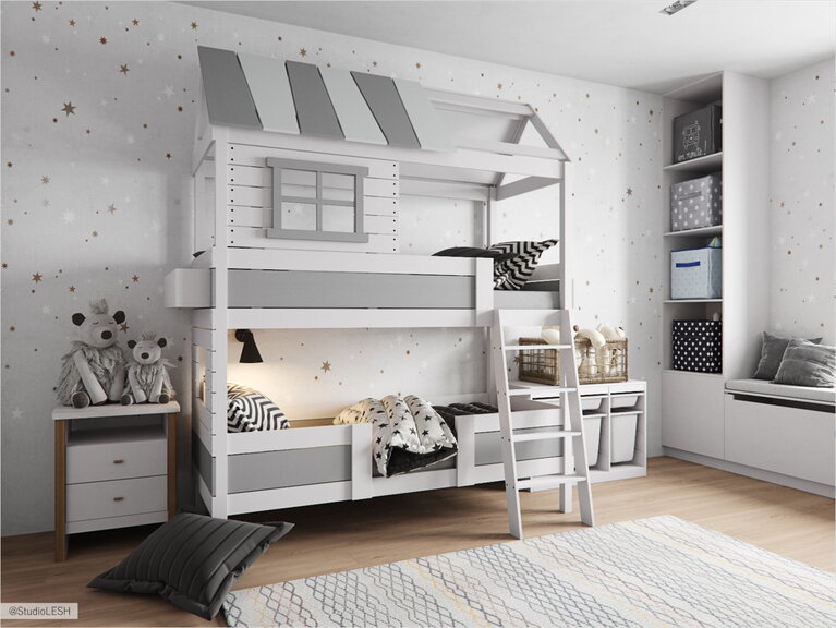 Bunk bed in the children's room in the shape of the house