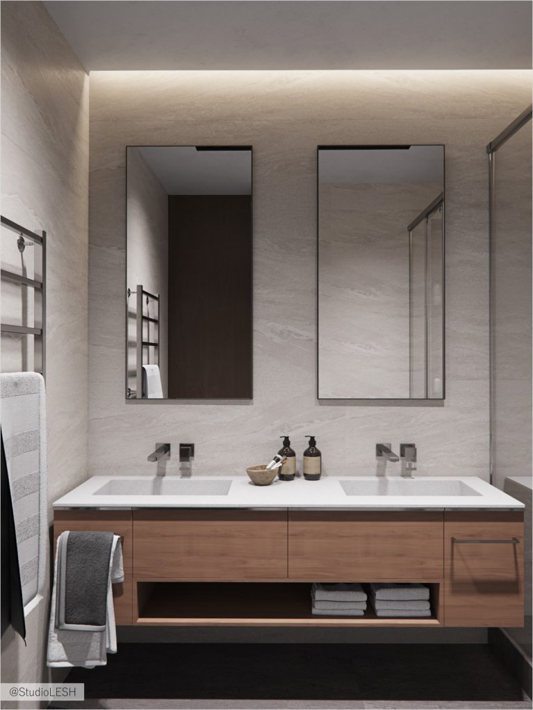 Double sink in pebbled shower room